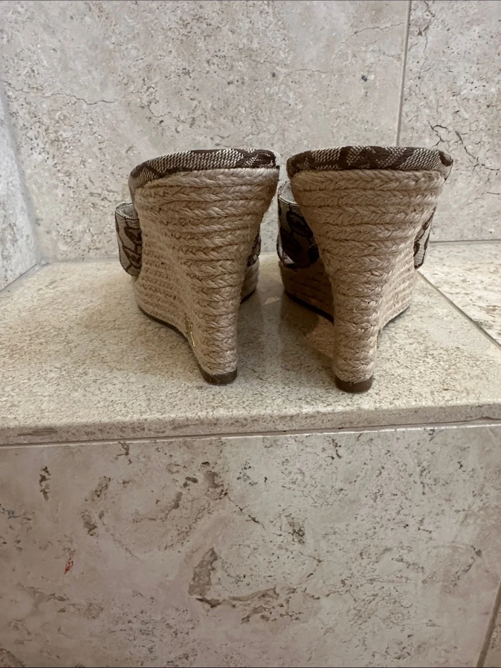 Michael Kors 7.5 Brown Logo Canvas Espadrille Wedge Sandals